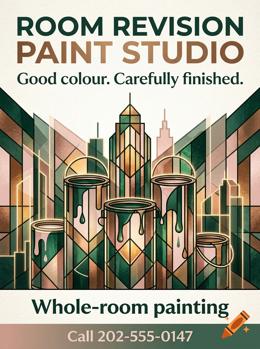 An art deco style poster featuring paint cans and geometric building shapes with lettering for a paint studio.