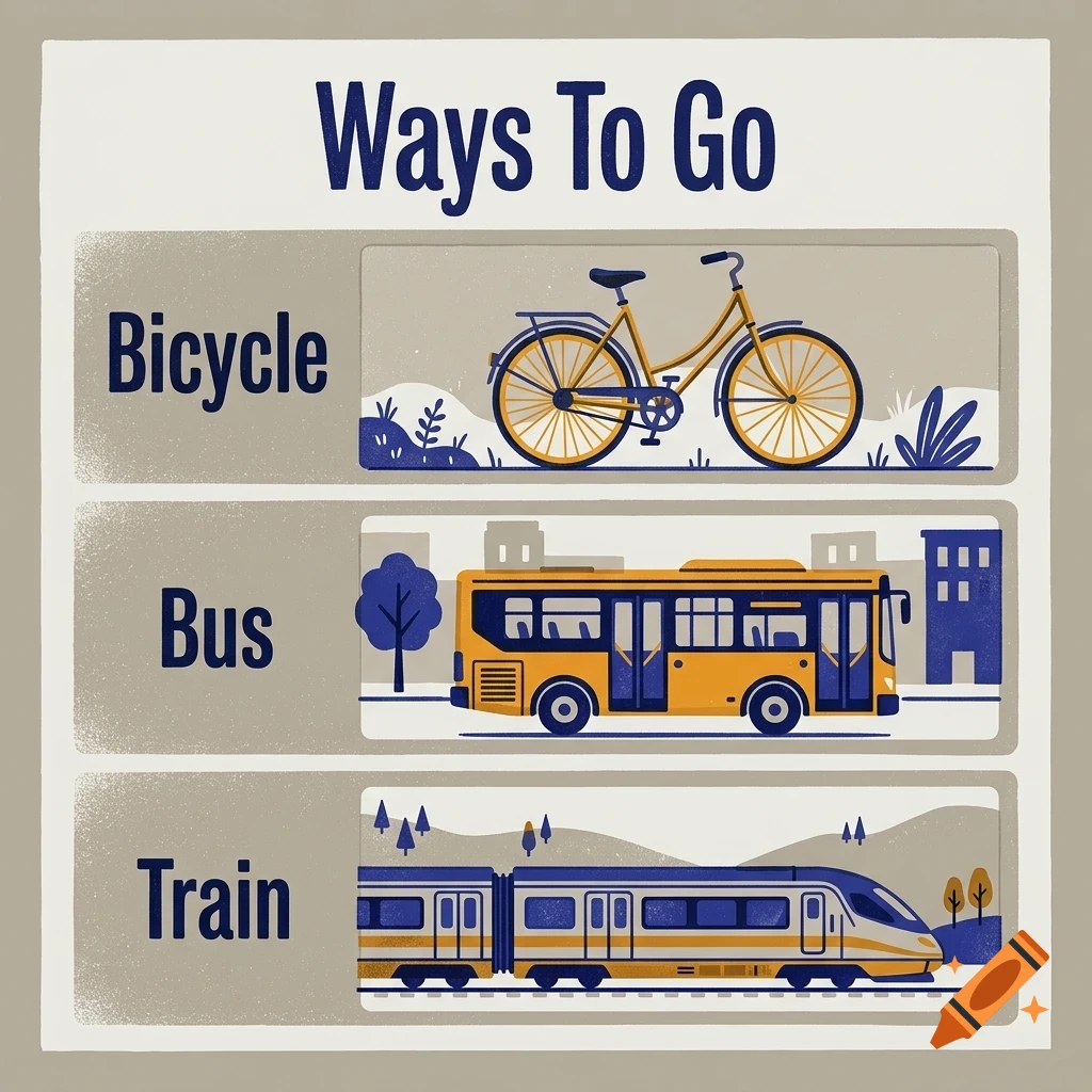 An informational poster titled 'Ways To Go' with three horizontal sections illustrating a bicycle, a bus, and a train.