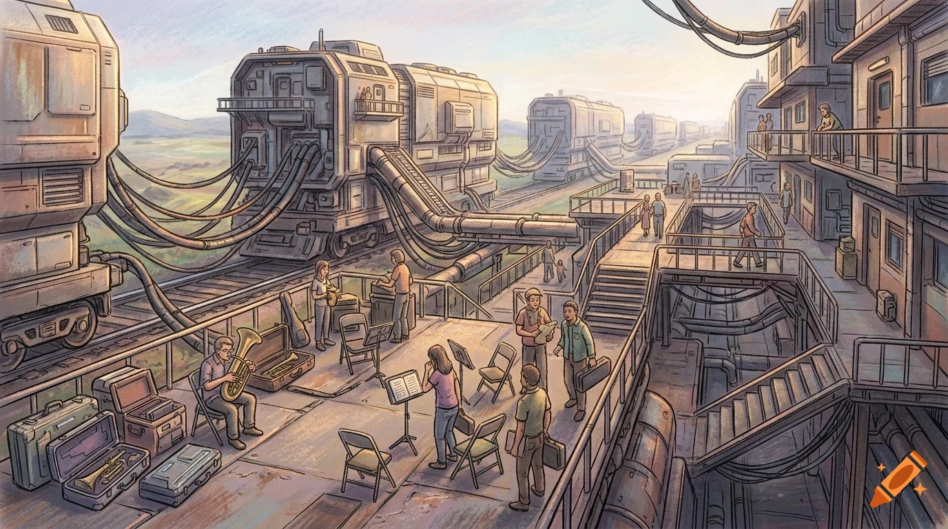 An outdoor industrial cityscape with a band playing instruments on a platform, buildings, and large train-like vehicles.