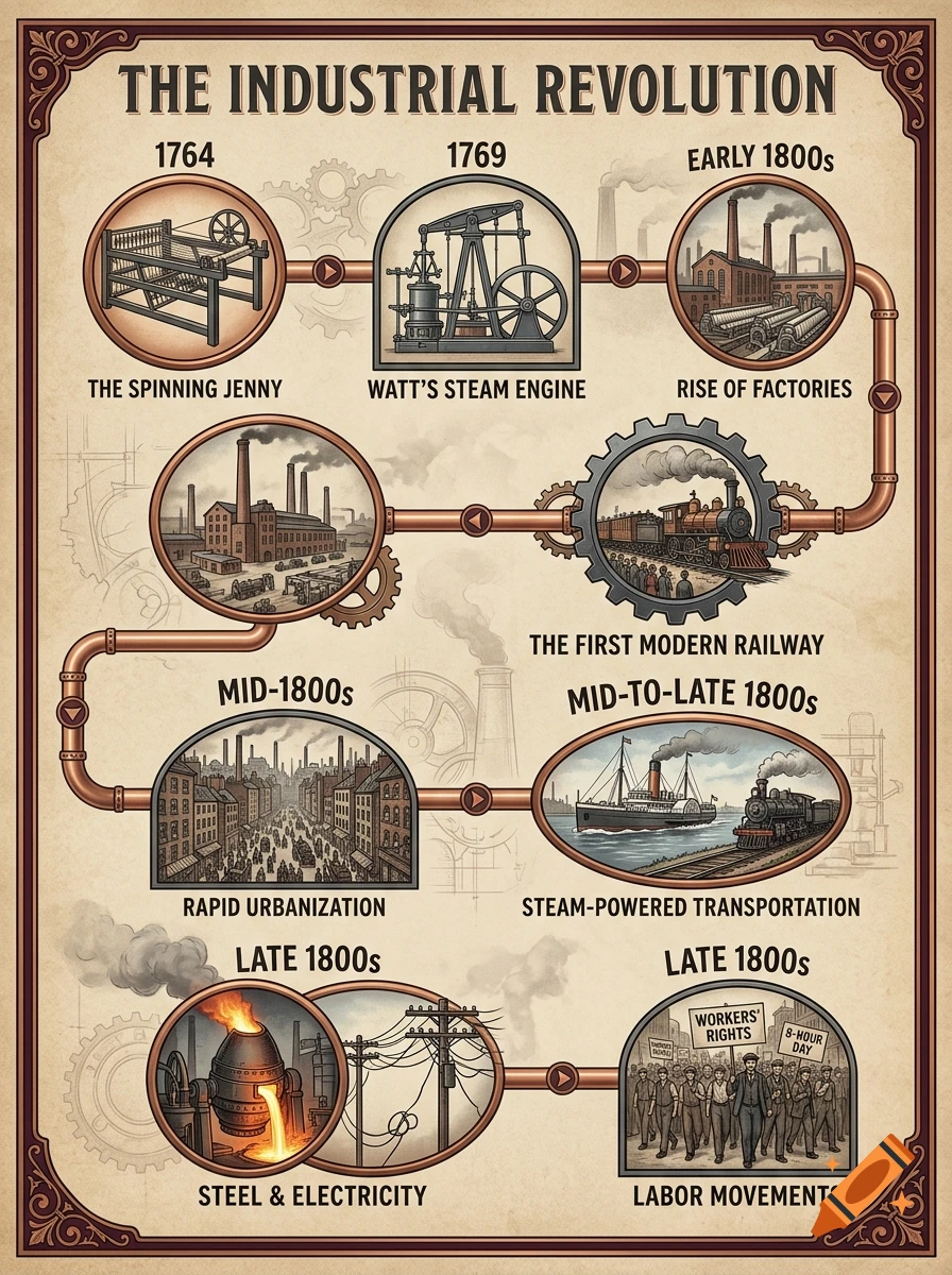 Vintage style timeline infographic of the Industrial Revolution with labeled historical events.