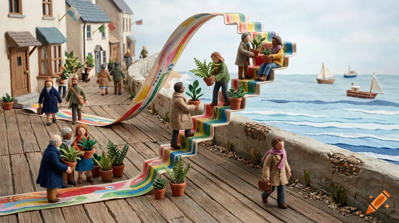 Miniature clay figures of people carrying potted plants along a seaside street with a rainbow ribbon path.