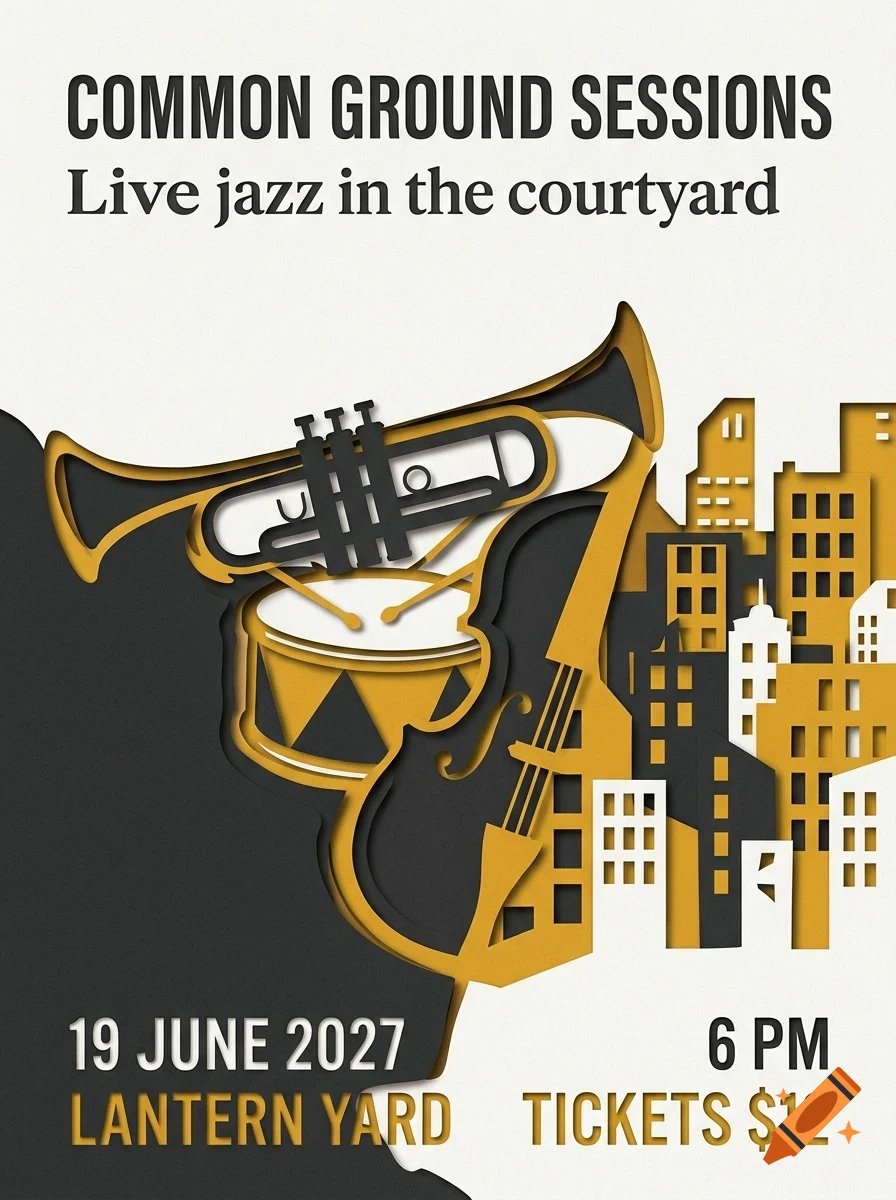 A poster for a jazz event featuring layered paper cutouts of a trumpet, drum, bass, and a city skyline.