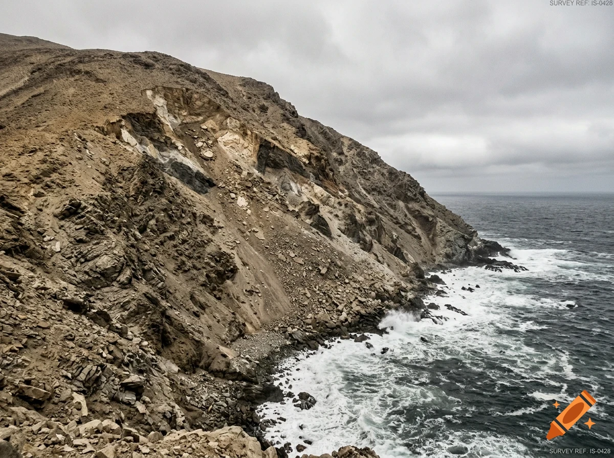 A rocky coastal cliff drops down into choppy ocean waters under an overcast sky.