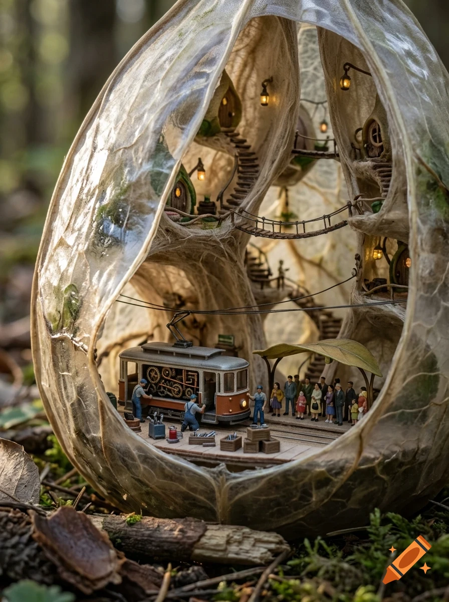 A miniature world inside a hollowed-out seed pod features a tiny tram, platform, and multi-level dwellings connected by stairs and bridges.