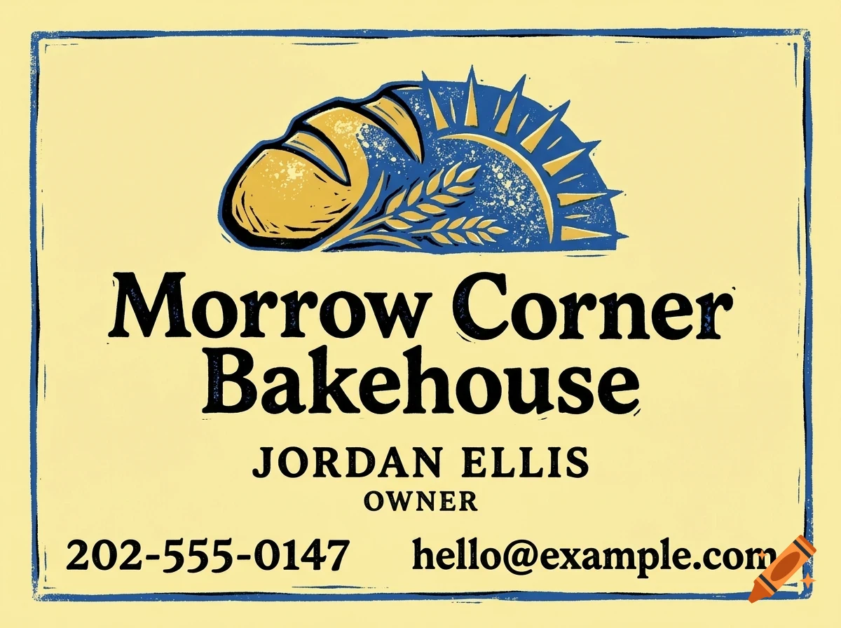 A business card with a loaf of bread and sun graphic, featuring the text Morrow Corner Bakehouse, Jordan Ellis Owner, phone number and email.