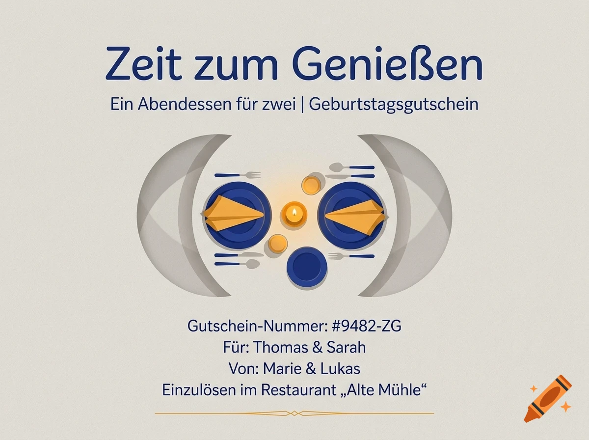 An illustration of a dinner table for two with candles, plates, and cutlery, accompanied by German text.