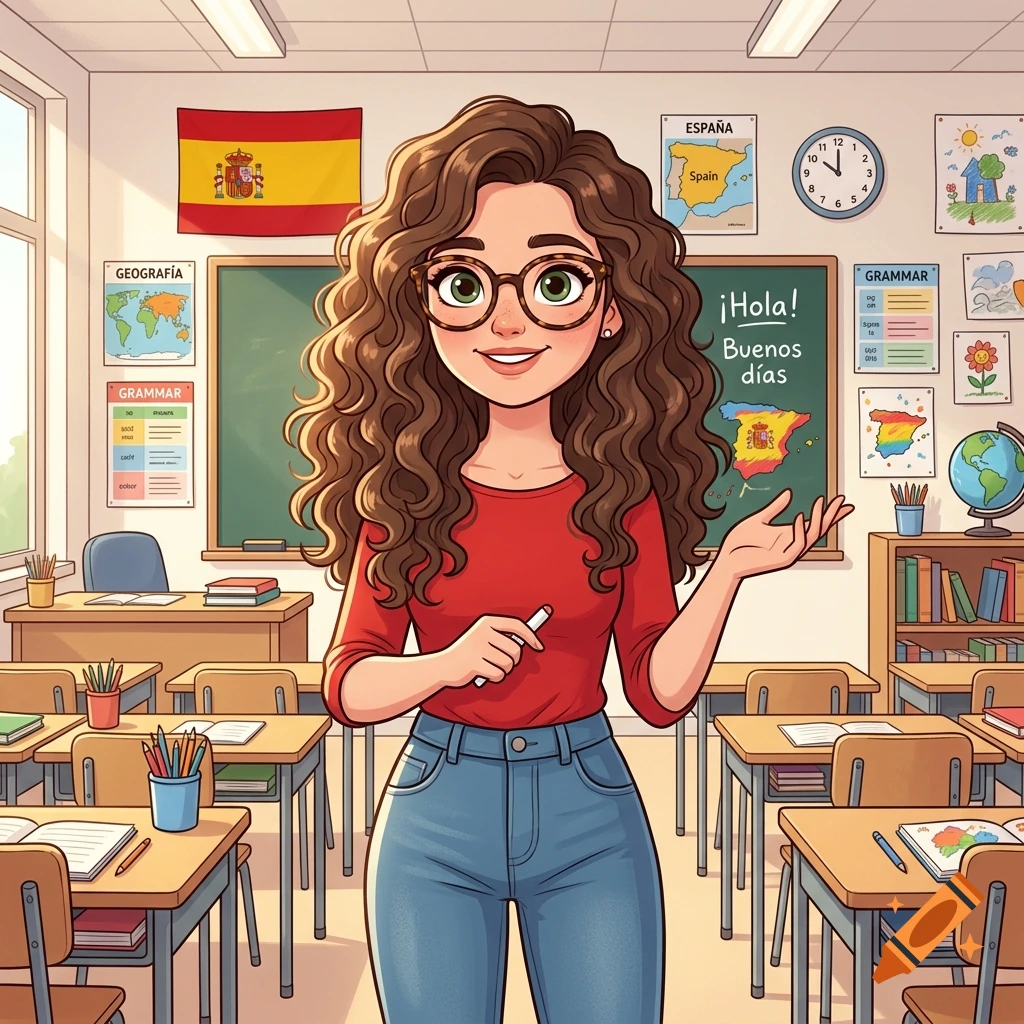 Cartoon illustration of a smiling teacher with curly brown hair and glasses standing in a classroom with a Spanish flag.