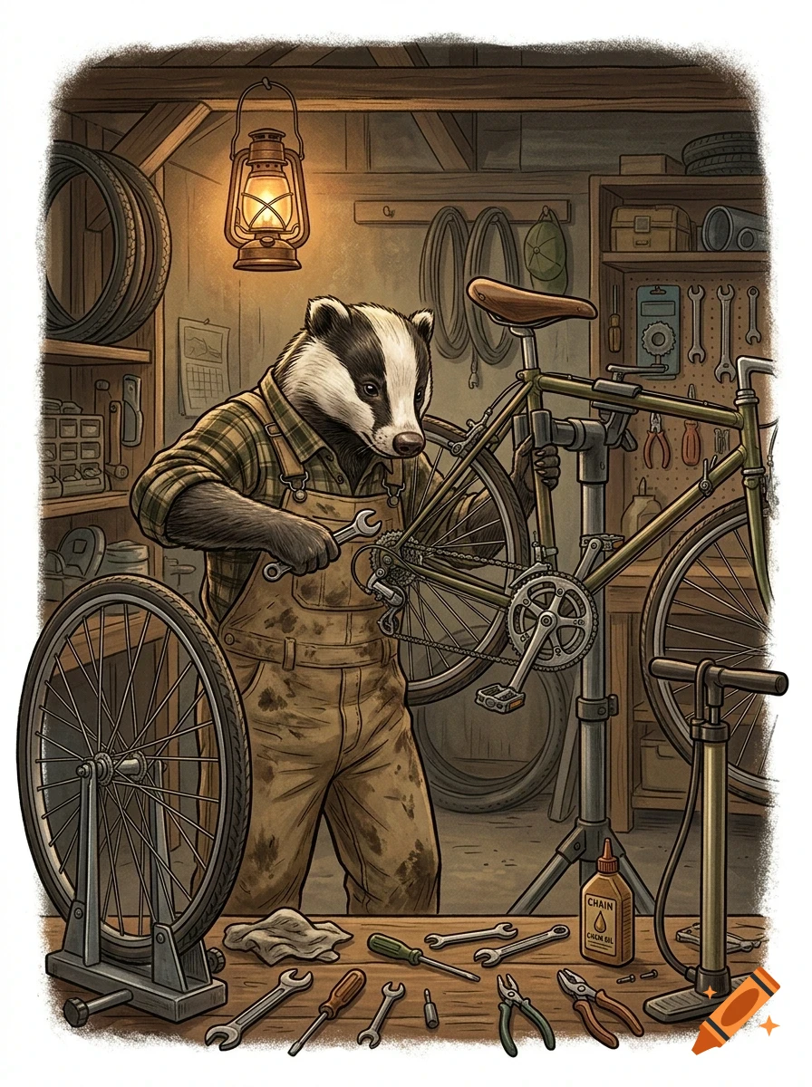 An anthropomorphic badger wearing overalls and a plaid shirt works on a bicycle in a cluttered workshop.