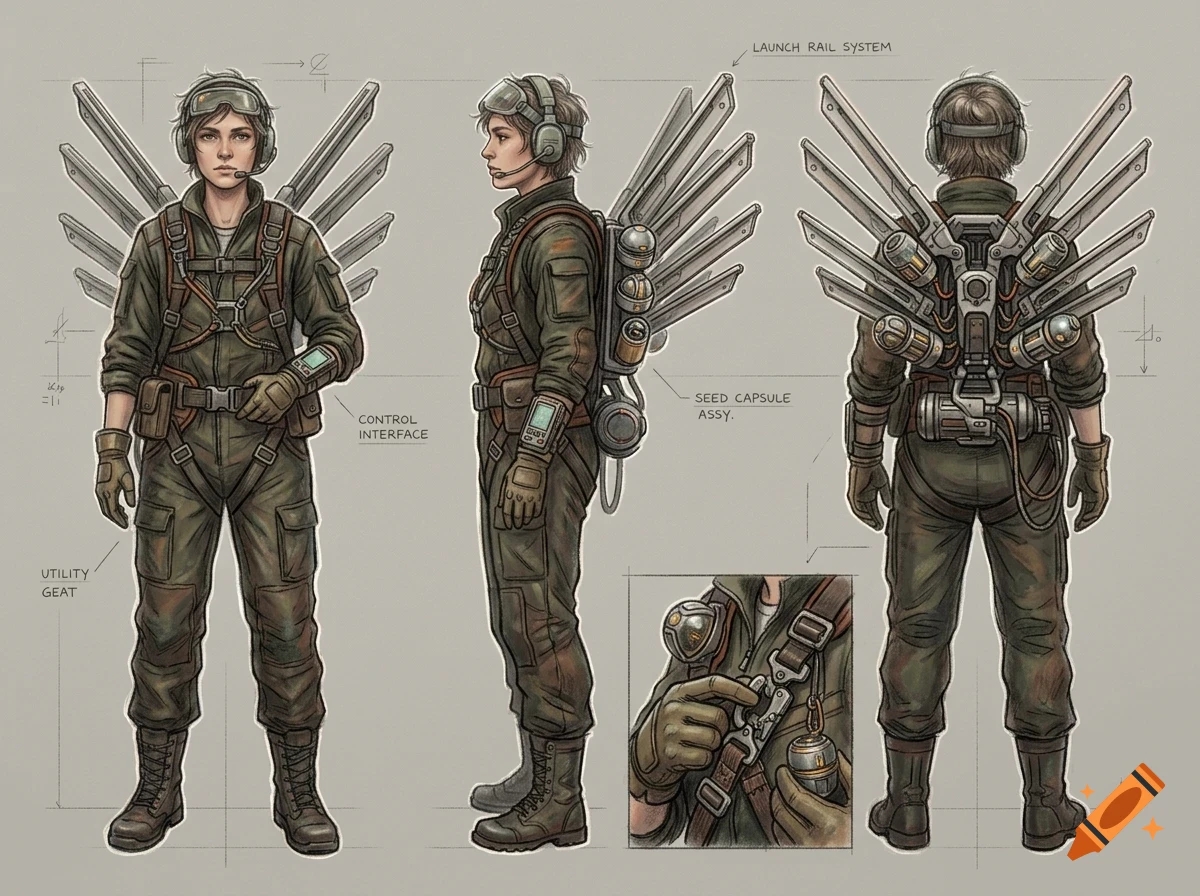 Character design sheet showing a female pilot in a flight suit and jetpack from multiple angles with technical annotations.