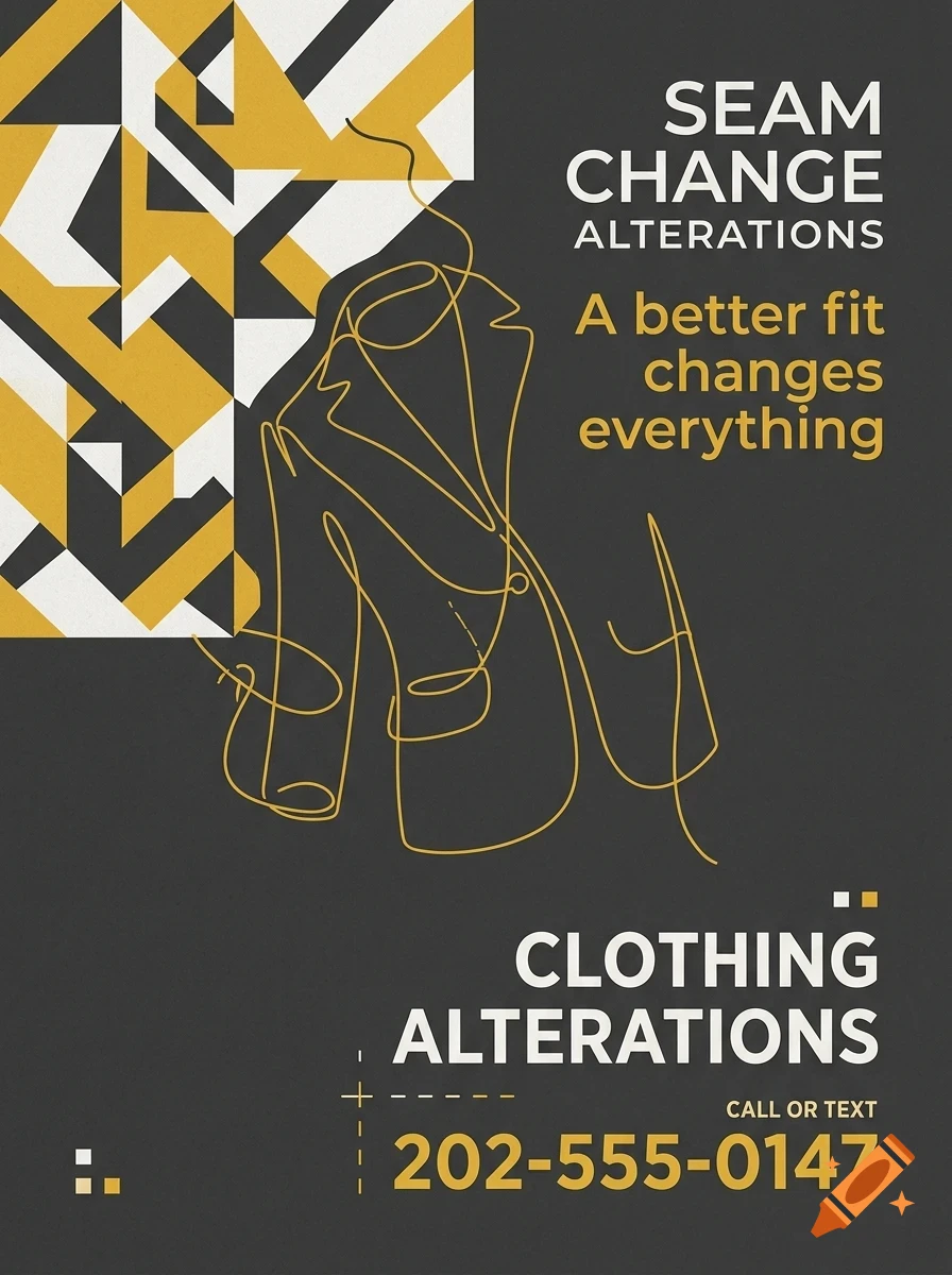 A poster design for 'Seam Change Alterations' featuring a continuous line drawing of a jacket, geometric patterns, and contact information.