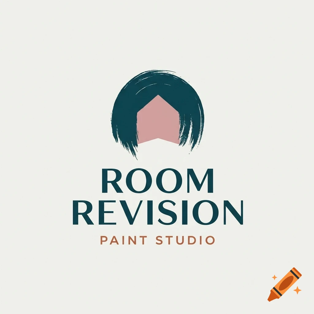 Logo featuring a pink house shape framed by dark teal brushstrokes above the text ROOM REVISION PAINT STUDIO.