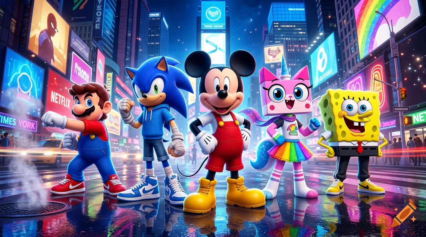 Mario, Sonic, Mickey Mouse, Unikitty, and SpongeBob standing together in Times Square at night, digital art style.