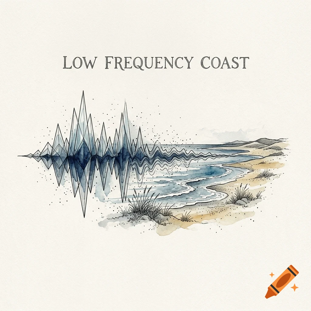 An ink and watercolor illustration of a coastal landscape with a sound wave pattern overlay, accompanied by the text "LOW FREQUENCY COAST".