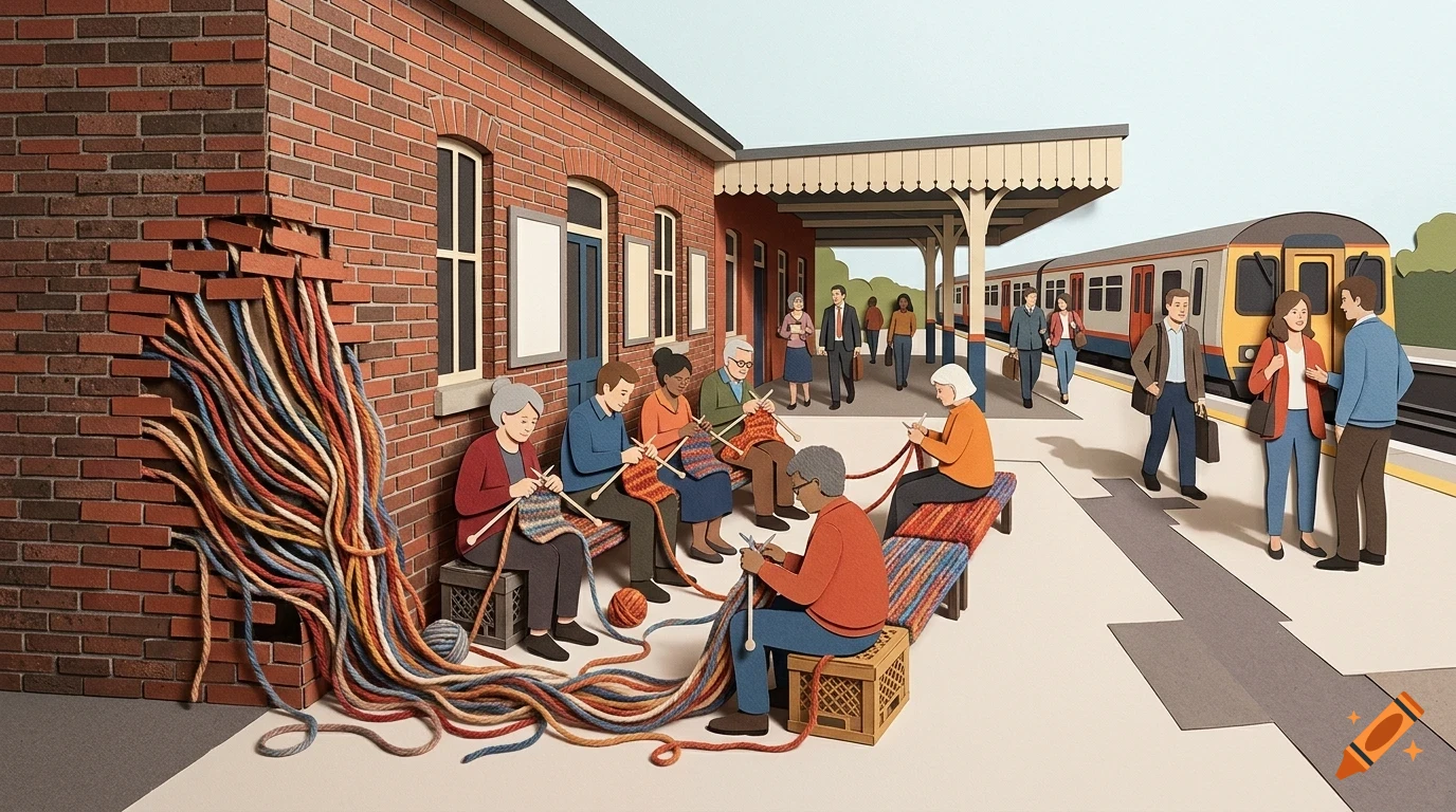 Papercraft illustration of people knitting at a train station platform, with bundles of colorful yarn spilling out of a brick wall.