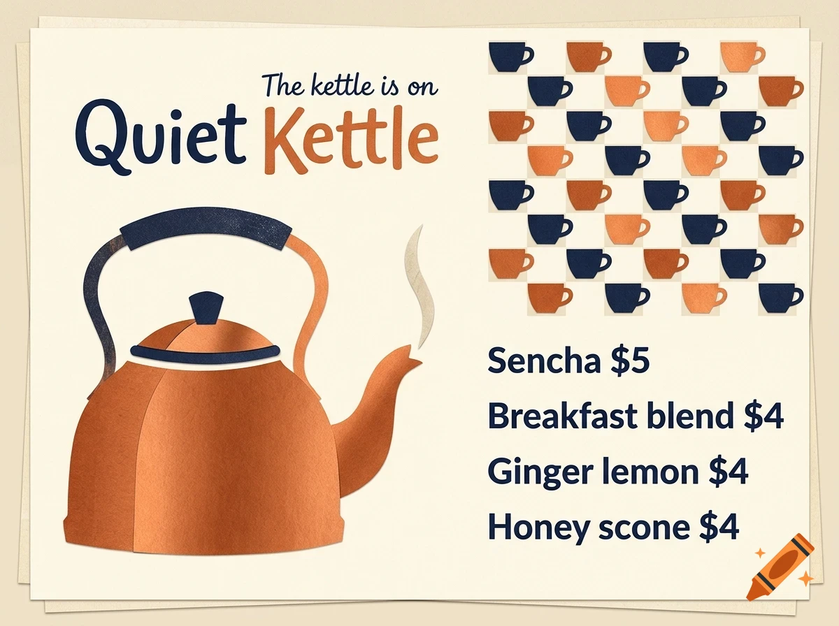 An illustrated poster for Quiet Kettle featuring a copper tea kettle, steaming spout, a pattern of cups, and a menu list with prices.