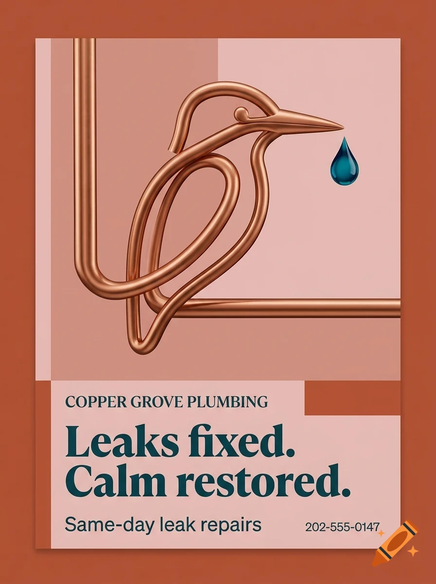 A poster for Copper Grove Plumbing featuring a bird shape made of copper pipes with a blue water droplet.
