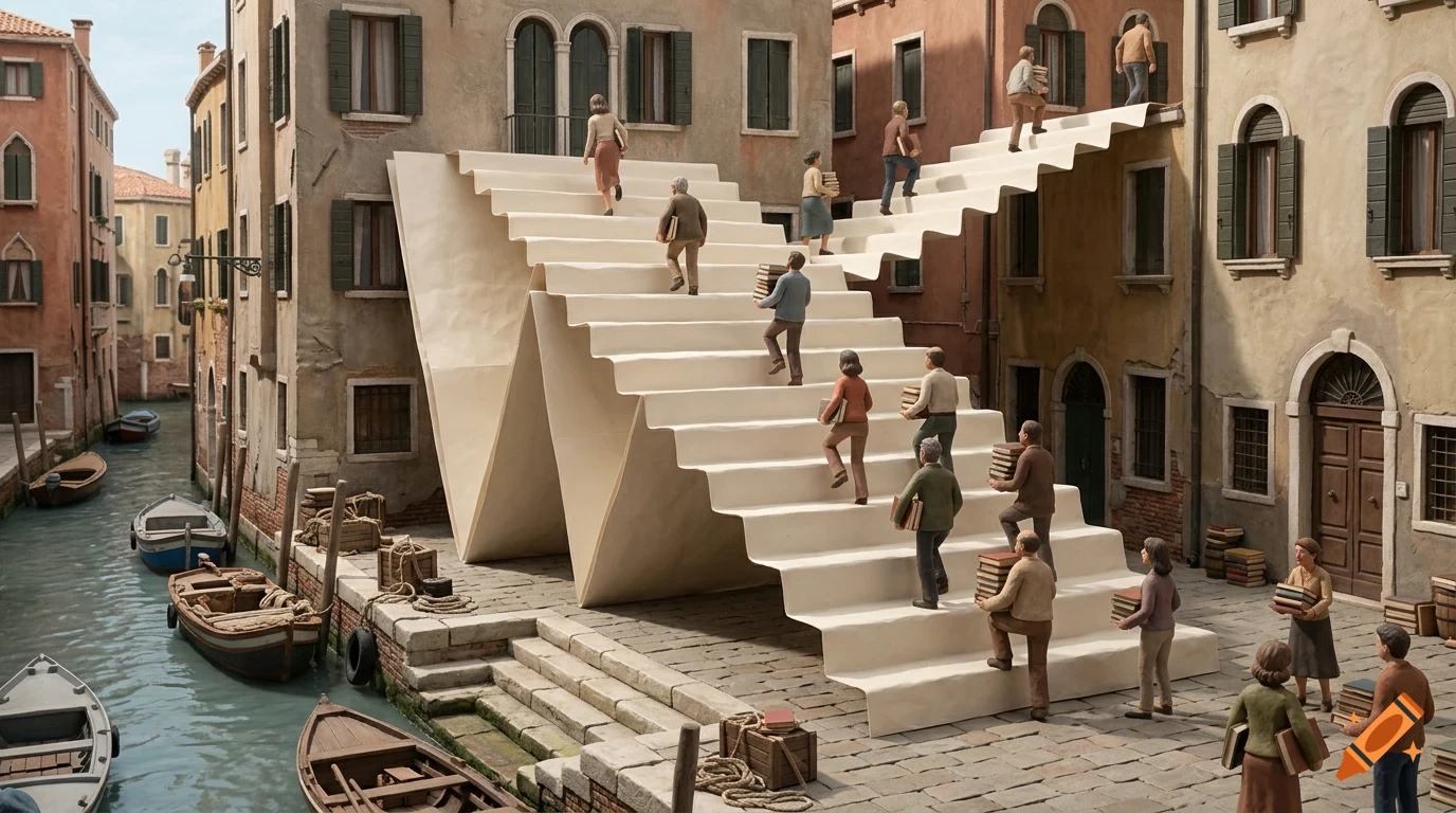 Miniature people carrying books up a giant zigzagging paper staircase in a canal city resembling Venice.