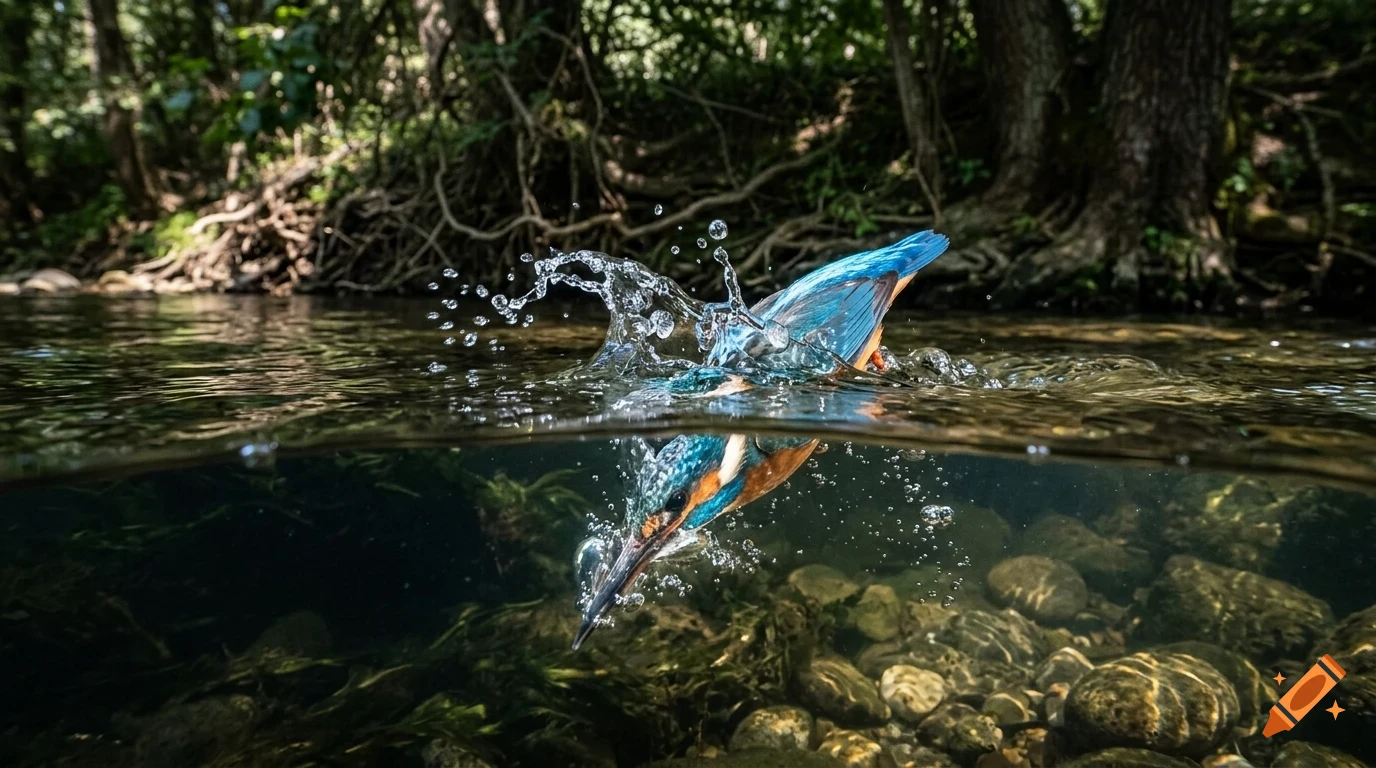 A blue kingfisher diving into a clear river, creating water splashes above and below the surface.