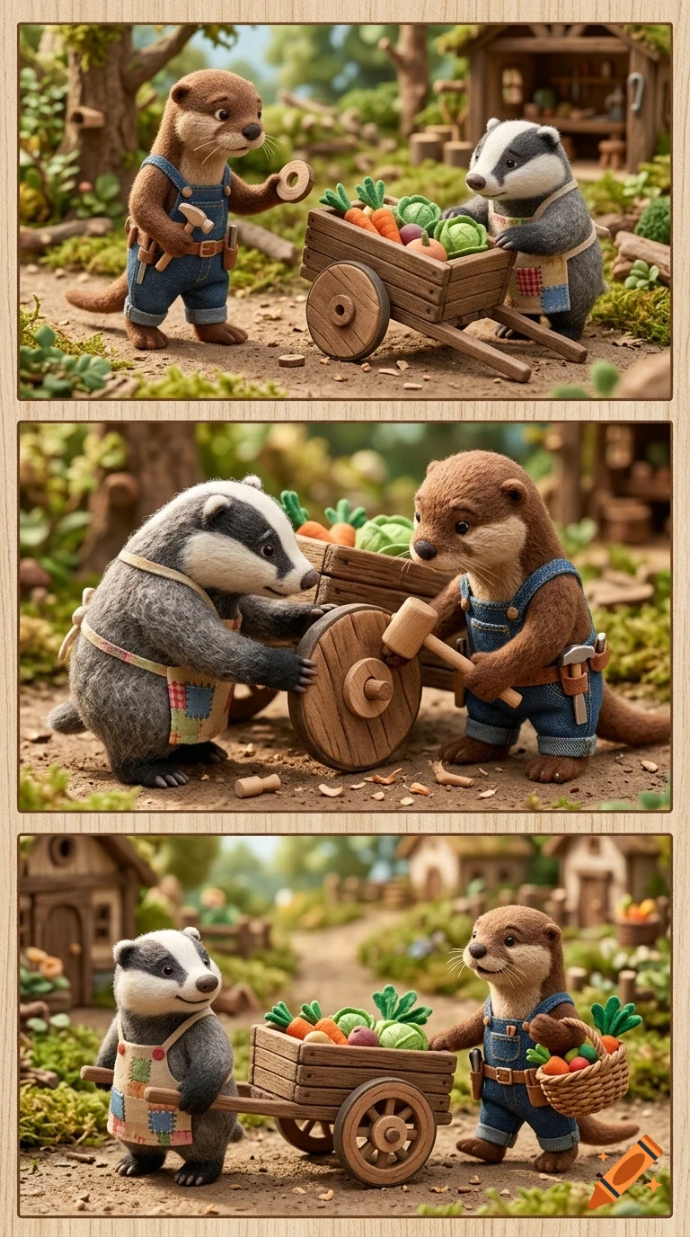 A three-panel illustration showing felted animal figures of an otter in overalls and a badger in an apron working with a wooden cart of vegetables.