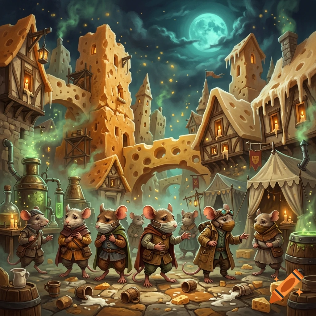 Fantasy art of cartoon mice wearing medical masks in a medieval town made entirely of cheese under a moonlit sky.