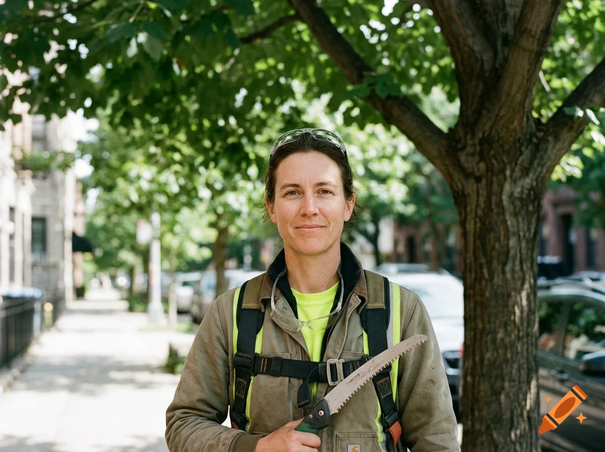 A person holding a small saw on a city street near a tree.