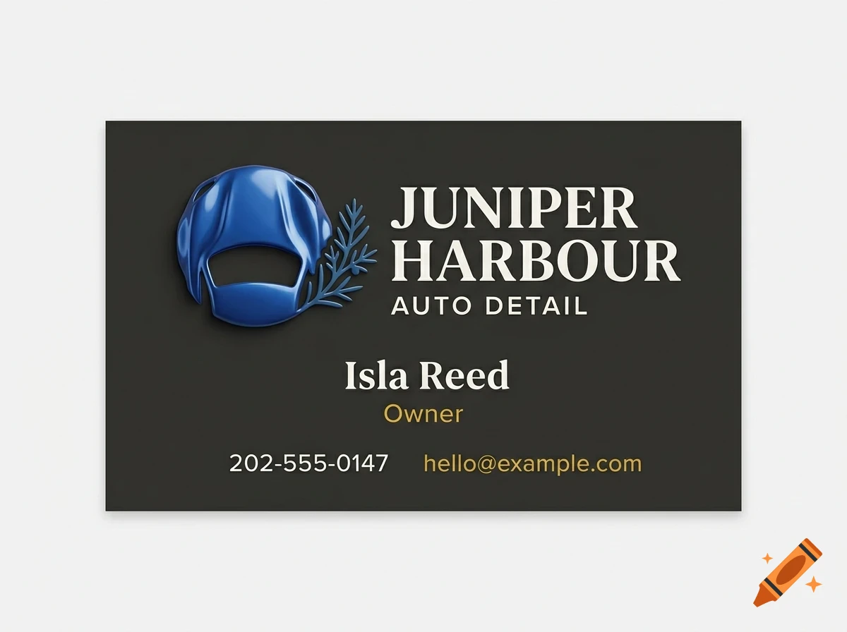 A dark business card mockup for Juniper Harbour Auto Detail with a blue logo and white text.