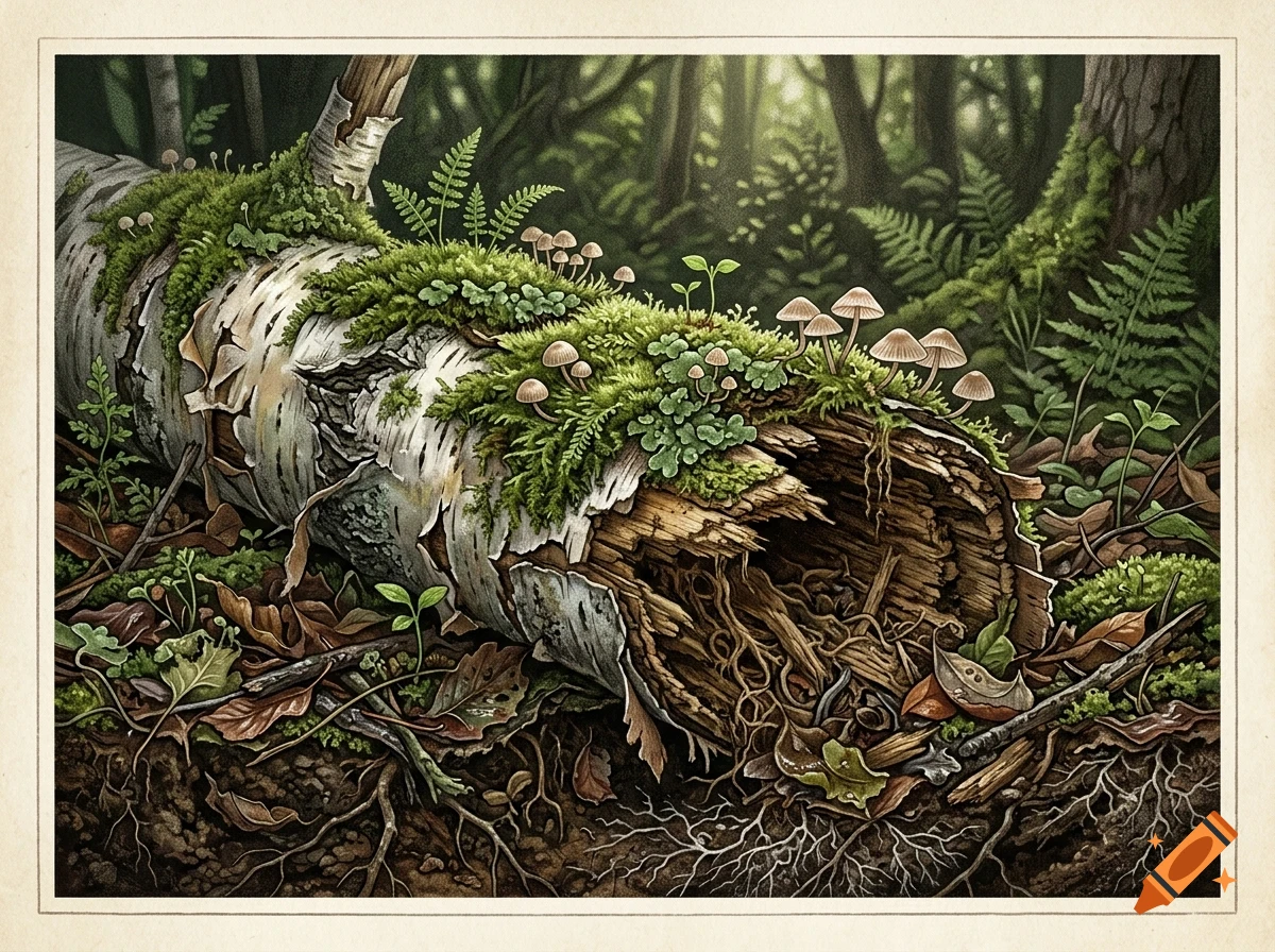 An illustrated forest floor featuring a decaying birch log covered in moss, small ferns, and tiny mushrooms.