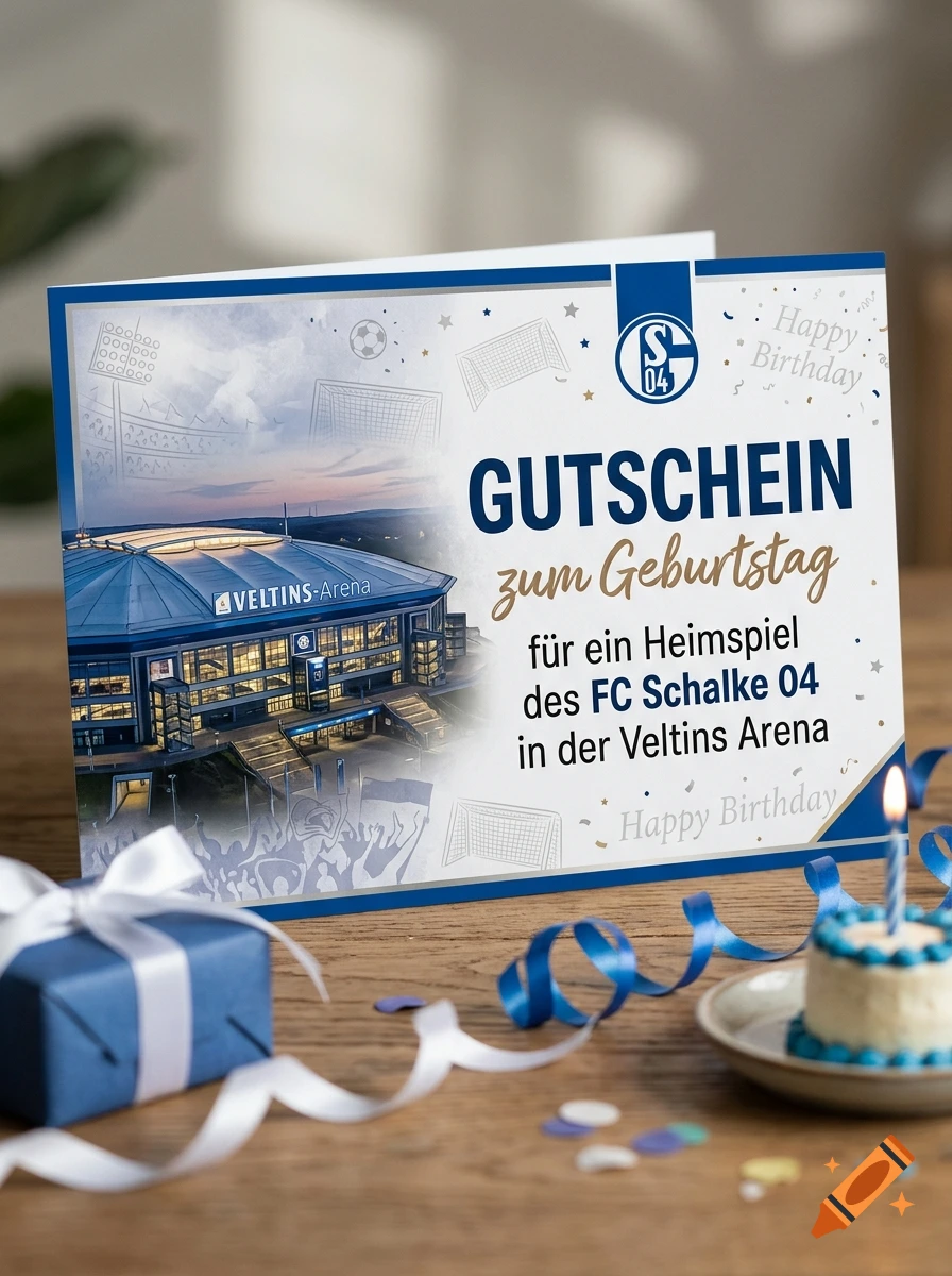 Photorealistic birthday greeting card for FC Schalke 04 with Veltins-Arena on a wooden table next to a gift and cake.