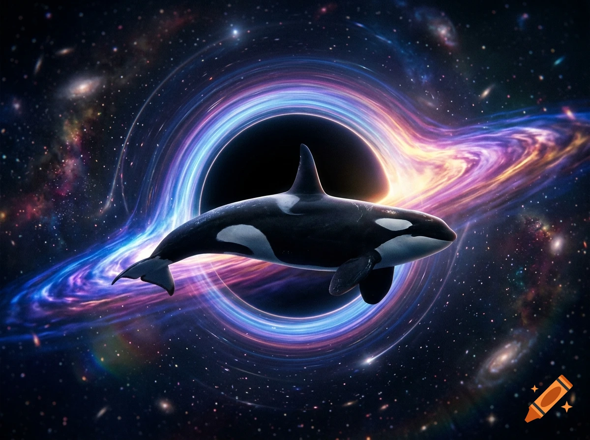 An orca swimming in space in front of a vibrant, colorful black hole surrounded by stars and galaxies.