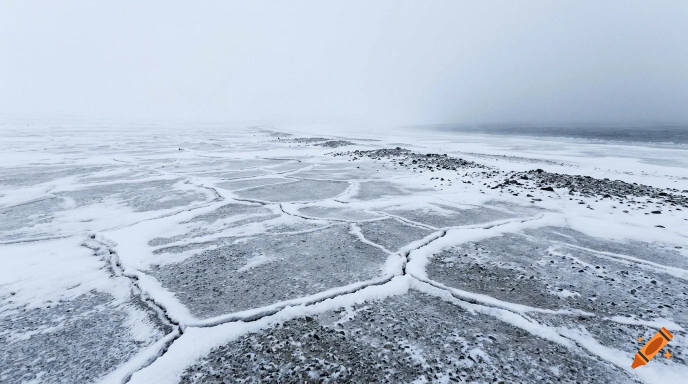 A snowy, cracked ground landscape under an overcast sky near the ocean.