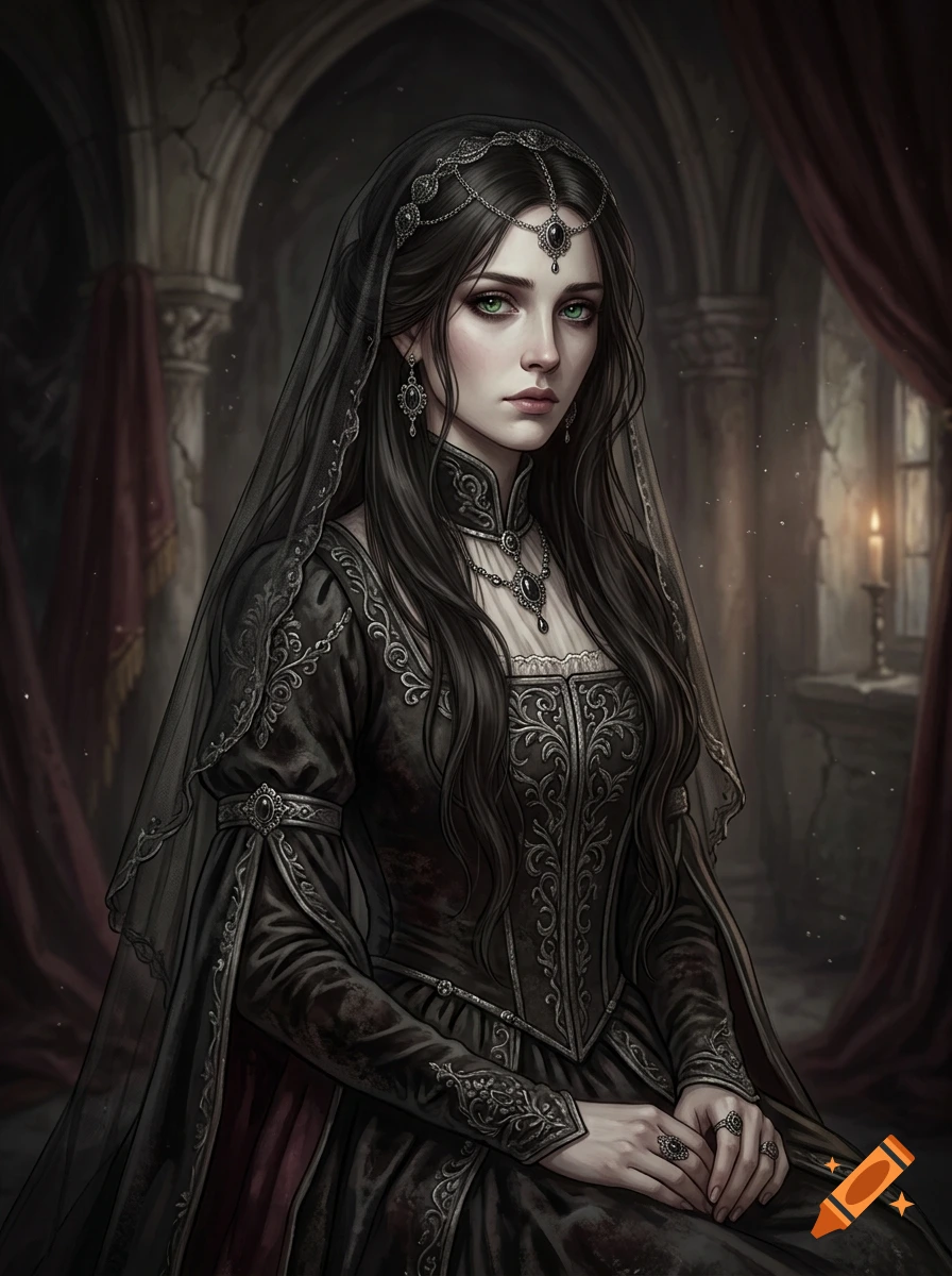 Digital portrait of a medieval noblewoman with dark hair, green eyes, wearing a black velvet gown and veil, in a gothic castle setting.
