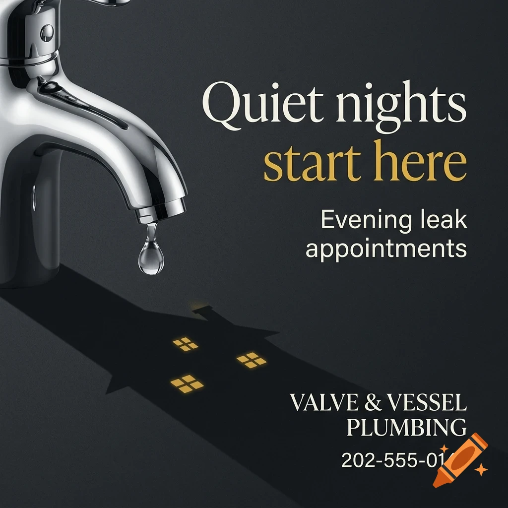 A chrome faucet with a water droplet casting a shadow shaped like a house with glowing windows, accompanied by text.