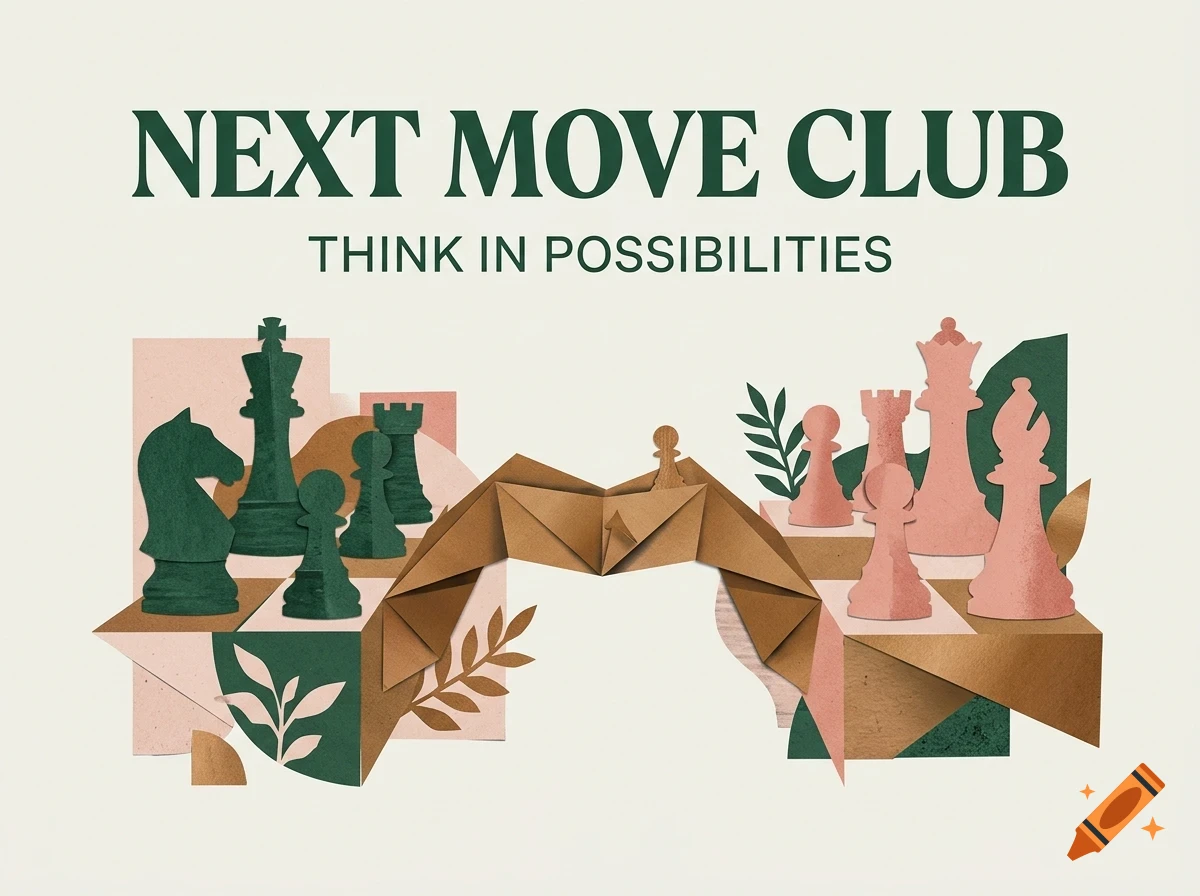 A poster with the text NEXT MOVE CLUB and THINK IN POSSIBILITIES above a collage of chess pieces and papercraft elements.