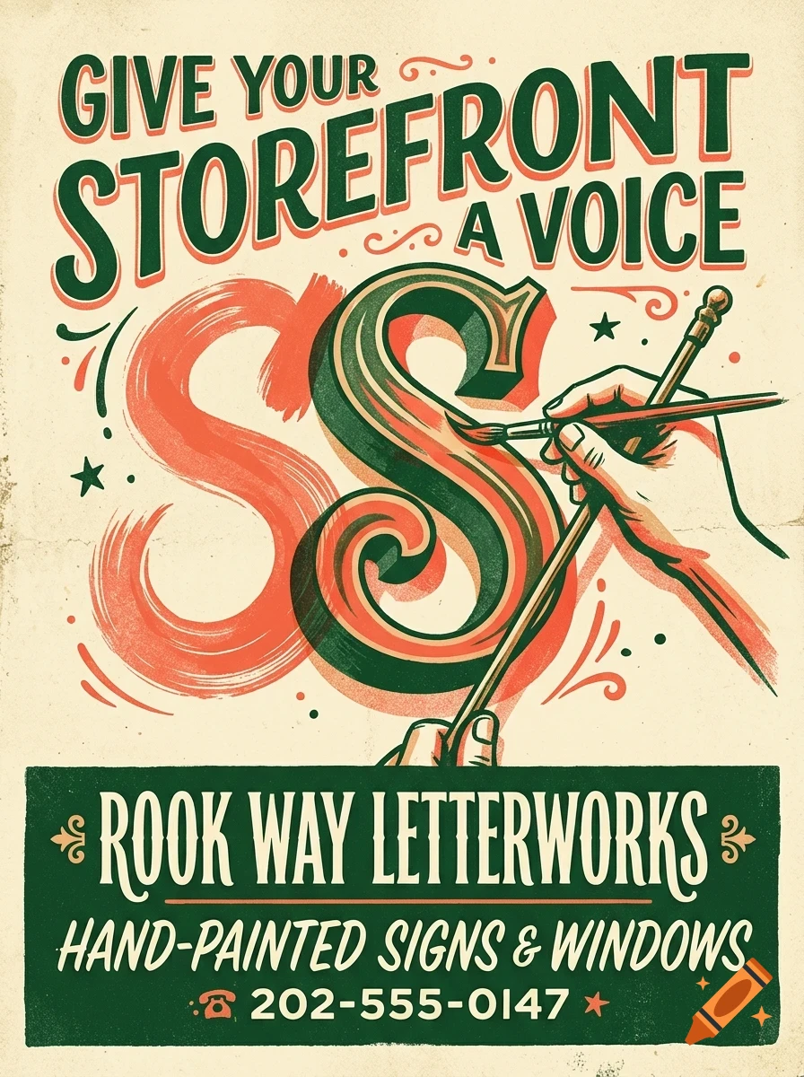 An illustrated poster advertising Rook Way Letterworks with hand-lettered text and a hand painting a letter.