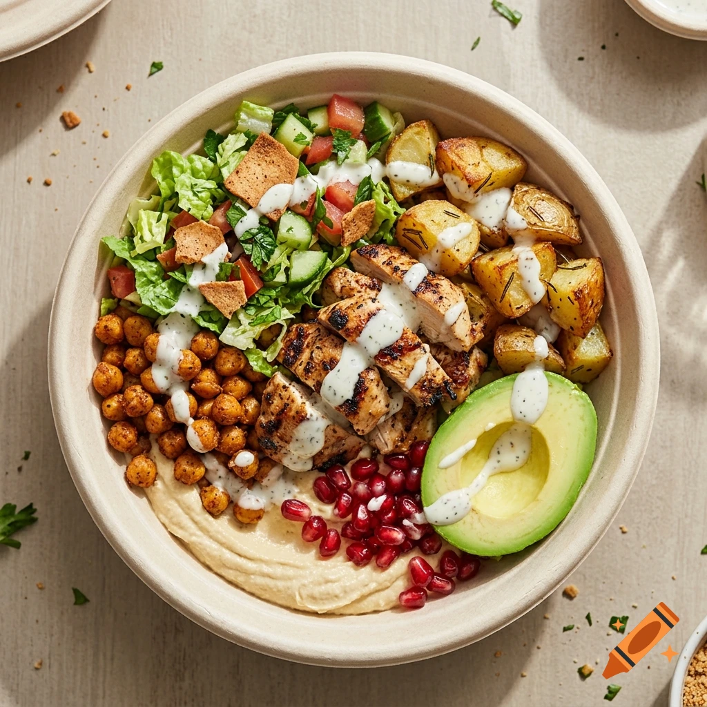 Top-down view of a colorful buddha bowl with hummus, grilled chicken, potatoes, salad, avocado, and pomegranate seeds.