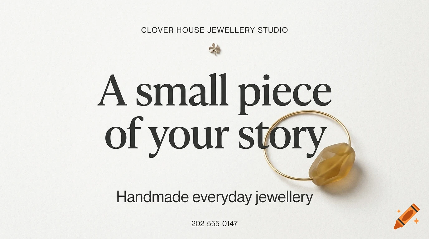 A minimal white design featuring the text "CLOVER HOUSE JEWELLERY STUDIO", "A small piece of your story", and a gold ring with a yellowish stone.