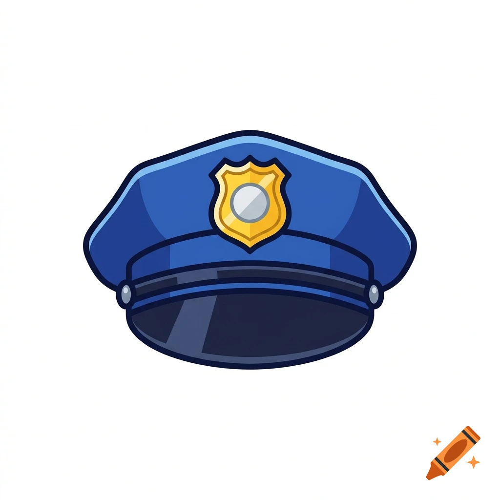 Vector style illustration of a blue police officer hat with a gold badge, centered on a white background.