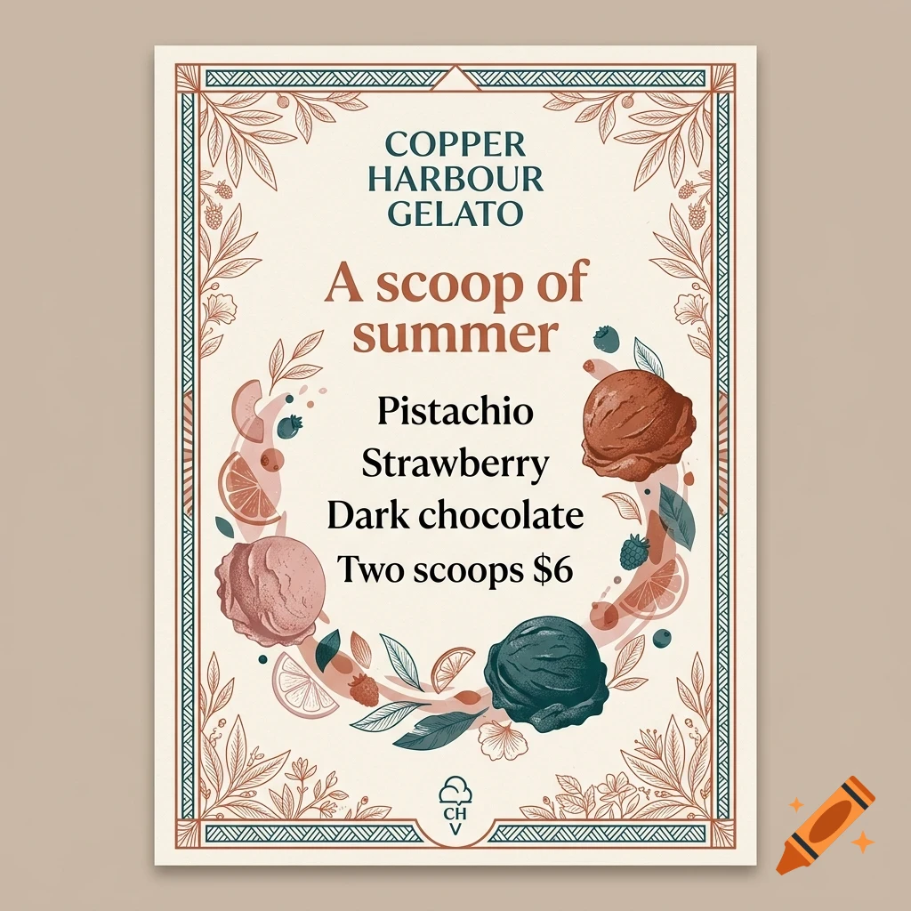 An illustrated poster for Copper Harbour Gelato with text, floral borders, and scoops of ice cream.
