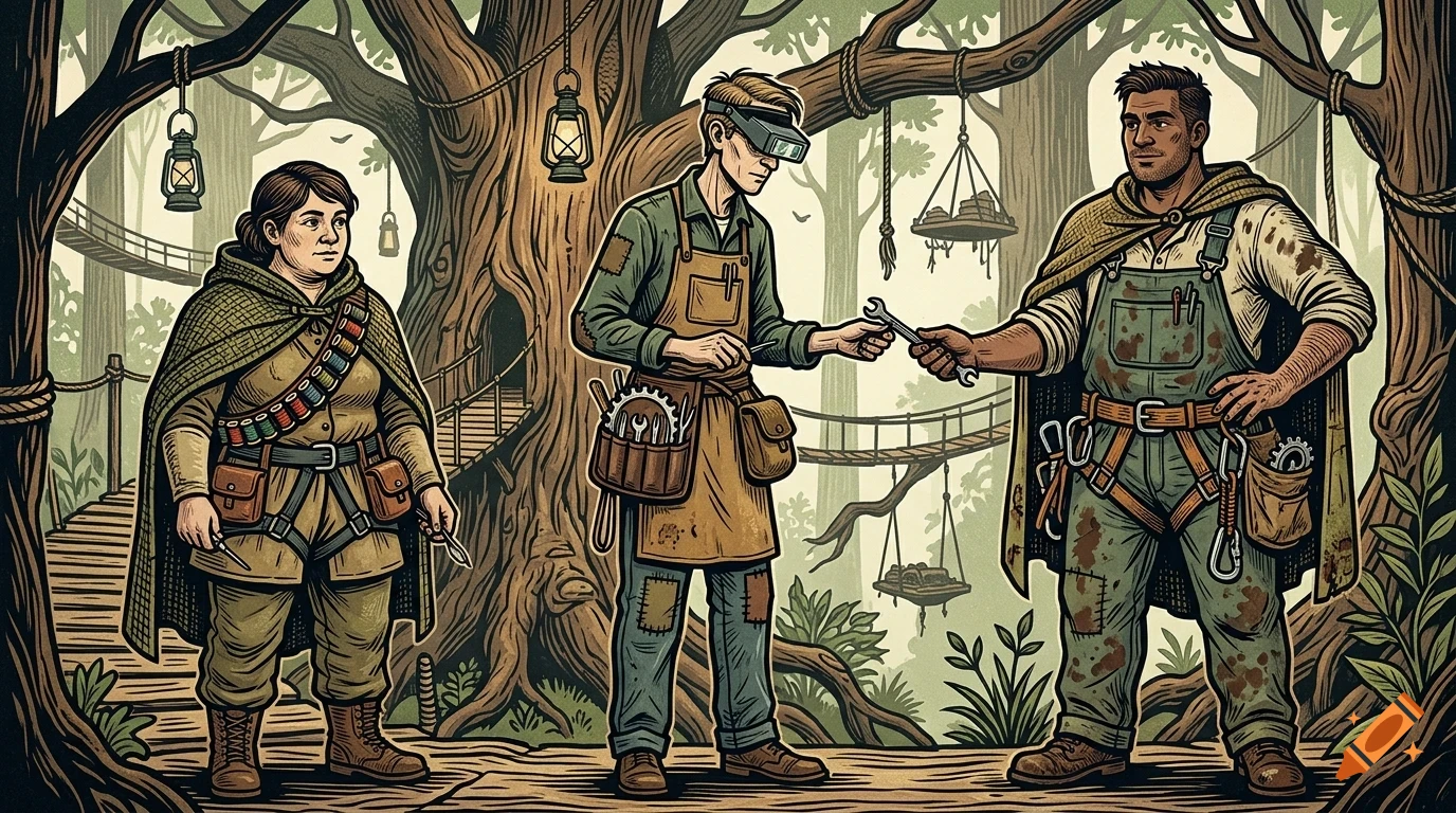 An illustrated scene in a forest shows three mechanics or workers standing near a large tree, handing over a wrench.