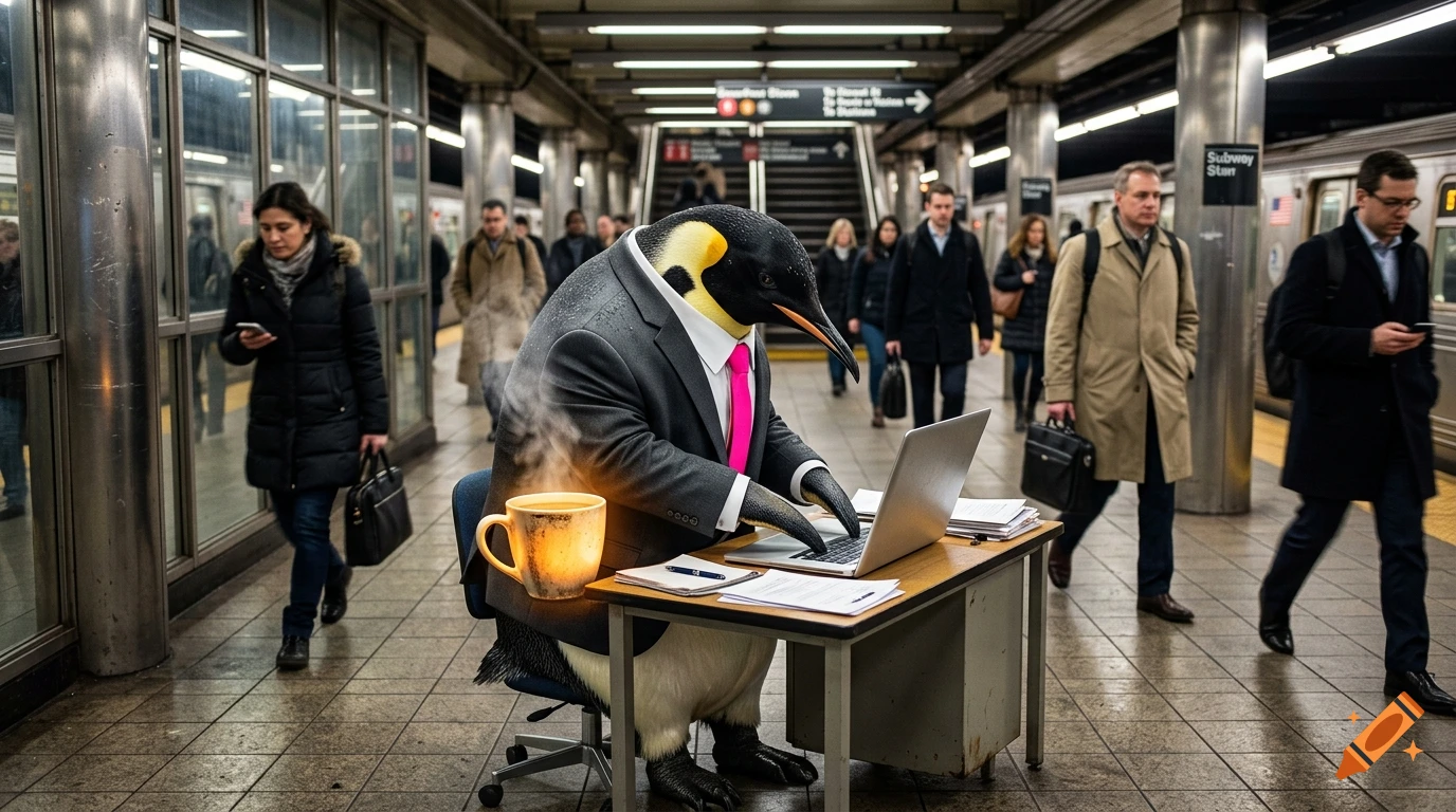 Surreal photorealistic image of a large penguin in a business suit working on a laptop at a subway station desk.