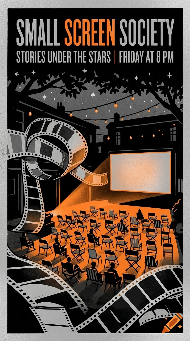 An outdoor movie screening poster featuring film reels, a projector casting light on a screen, chairs, and text reading Small Screen Society.