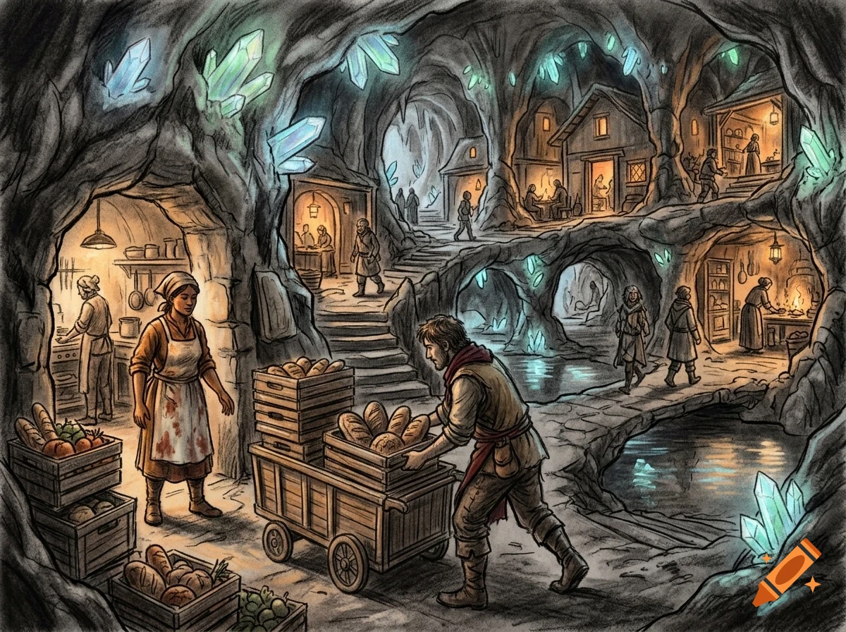 An underground subterranean village built inside a cave with glowing crystals, inhabitants working, cooking, and walking along stone paths.