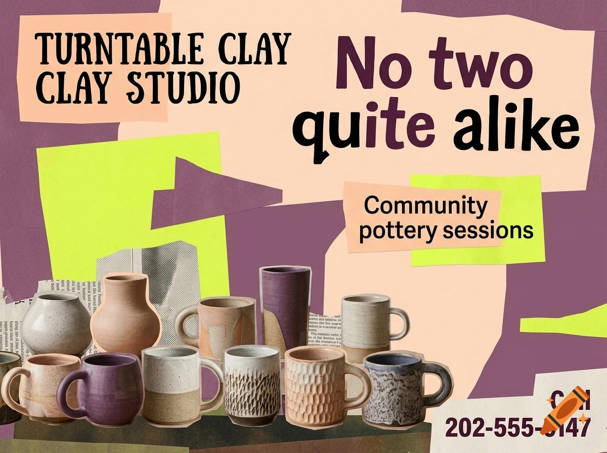 A poster featuring various handmade ceramic mugs and pottery pieces with text reading 'TURNTABLE CLAY CLAY STUDIO', 'No two quite alike', and 'Community pottery sessions'.