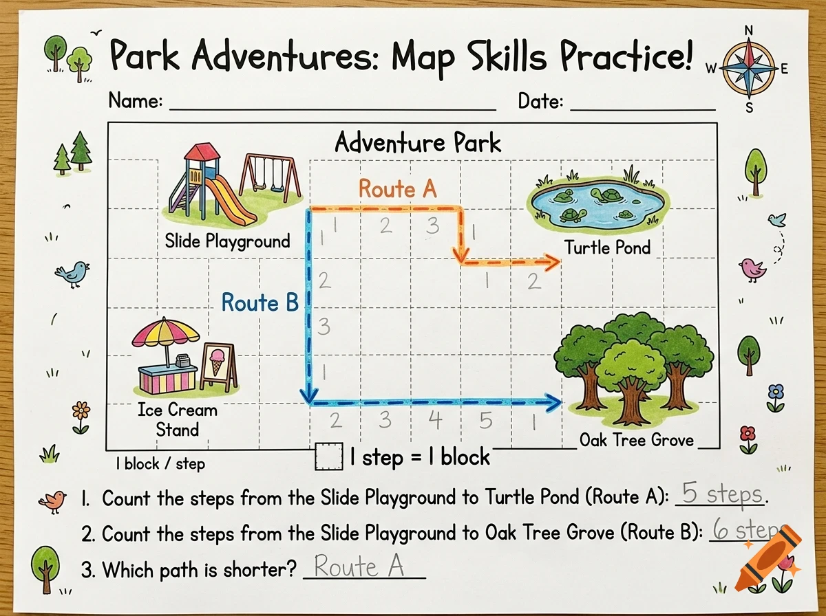 An educational worksheet titled Park Adventures Map Skills Practice featuring a grid map with a slide playground, turtle pond, ice cream stand, and oak tree grove.