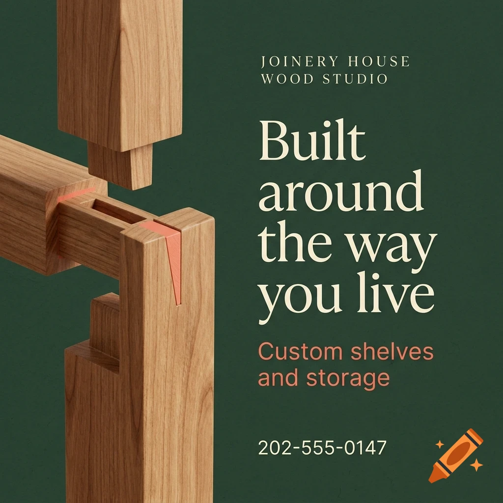 An advertisement for Joinery House Wood Studio featuring wooden joinery details and text against a dark green background.