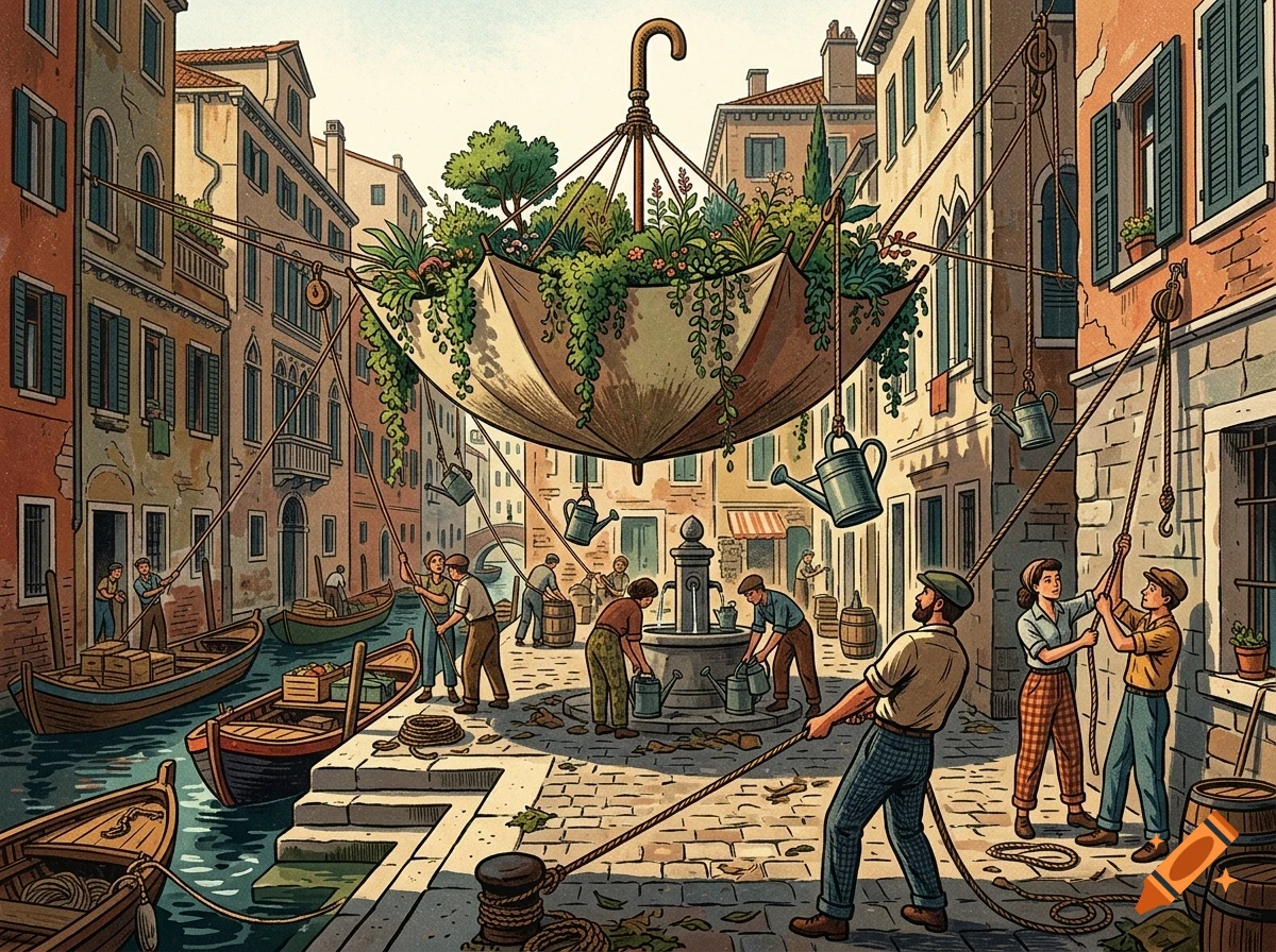 An illustration of people in a canal city hoisting a large upside-down umbrella filled with plants and flowers, suspended by ropes between buildings.