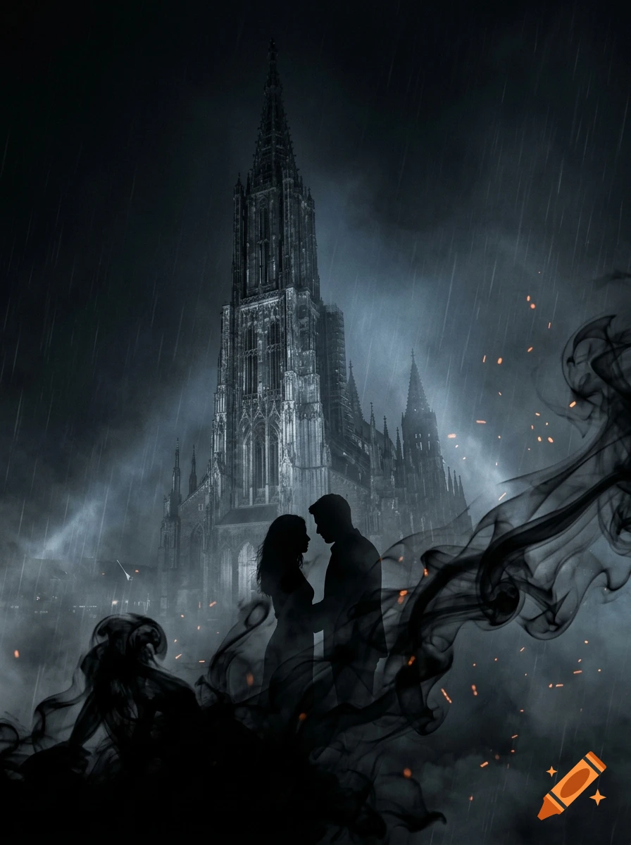 Cinematic book cover featuring a cathedral silhouette in the fog with a couple in the foreground amidst black smoke.