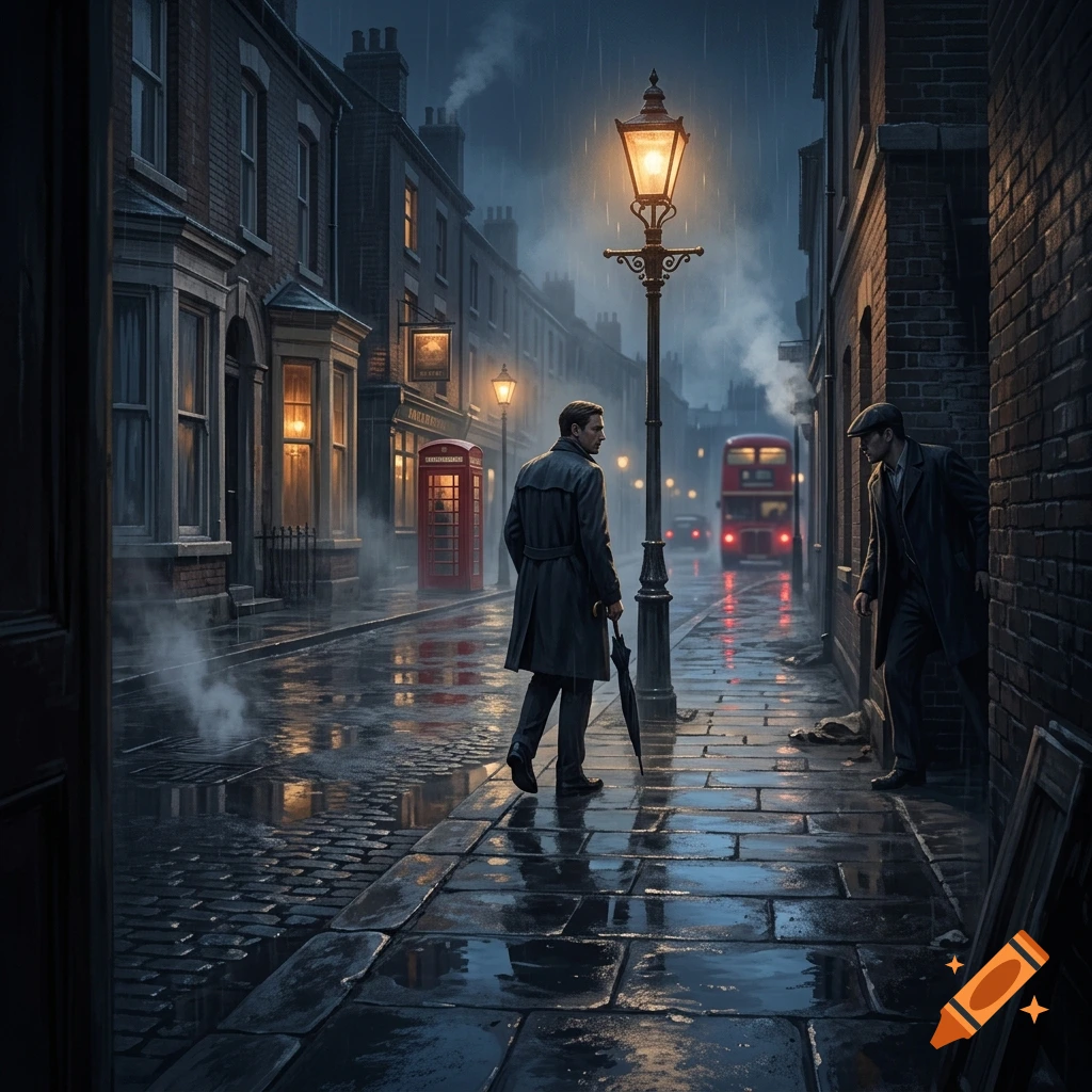 Cinematic night scene of a wet London street in the rain with a man in a trench coat holding an umbrella and another man watching from a doorway.