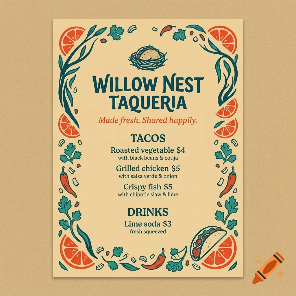 A menu poster for Willow Nest Taqueria with taco and drink options, decorated with illustrations of citrus slices, cilantro, and chili peppers.