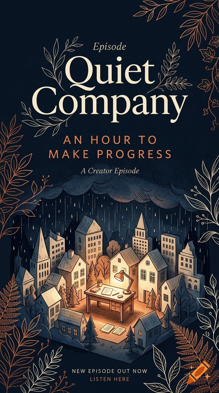 An illustrated book cover or poster featuring a glowing desk at night amidst a miniature city under a rainy sky, framed by foliage and the text Quiet Company.
